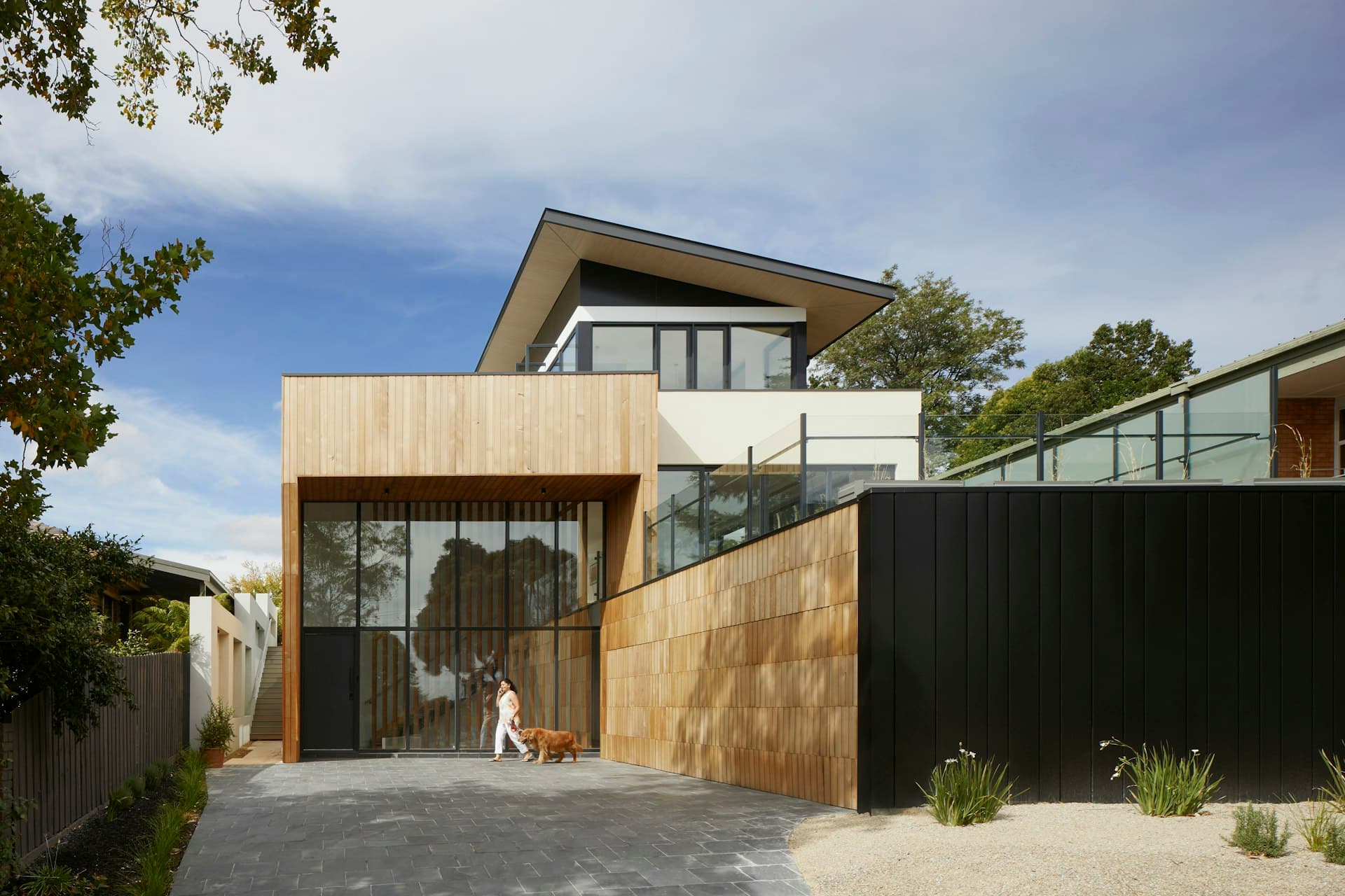 Modern home with timber cladding, black panelling and native garden landscaping